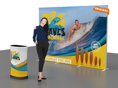 Custom 10x10ft Easystem SEG & Trapezoid Display Counter with Designed Graphic Tension Fabric SEG Standard Booth 09