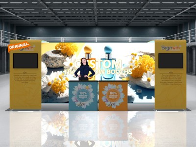 Custom 10x20ft Inline Archy Monitor & Shelving & Case to Podium Brilliant Tension Fabric LED Backlit Trade Show Display Column Booth Kit 20
