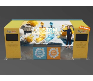 Custom 10x20ft Inline Archy Monitor & Shelving & Case to Podium Brilliant Tension Fabric LED Backlit Trade Show Display Column Booth Kit 20
