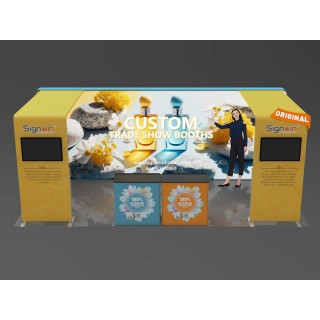 Custom 10x20ft Inline Archy Monitor & Shelving & Case to Podium Brilliant Tension Fabric LED Backlit Trade Show Display Column Booth Kit 20