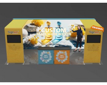 Custom 10x20ft Inline Archy Monitor & Shelving & Case to Podium Brilliant Tension Fabric LED Backlit Trade Show Display Column Booth Kit 20