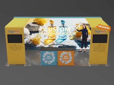 Custom 10x20ft Inline Archy Monitor & Shelving & Case to Podium Brilliant Tension Fabric LED Backlit Trade Show Display Column Booth Kit 20