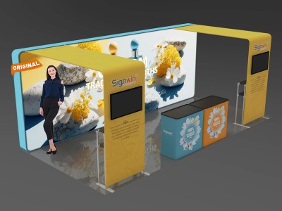 Custom 10x20ft Inline Archy Monitor & Shelving & Case to Podium Brilliant Tension Fabric LED Backlit Trade Show Display Column Booth Kit 20
