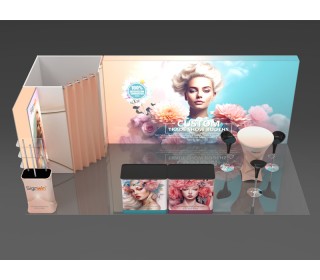 Custom 10x20ft Diamond-Shaped Enclosure & Display Tower & Bar Table & Podium Brilliant Tension Fabric LED Backlit Trade Show Booth Kit 21