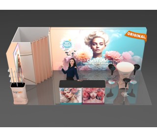 Custom 10x20ft Diamond-Shaped Enclosure & Display Tower & Bar Table & Podium Brilliant Tension Fabric LED Backlit Trade Show Booth Kit 21