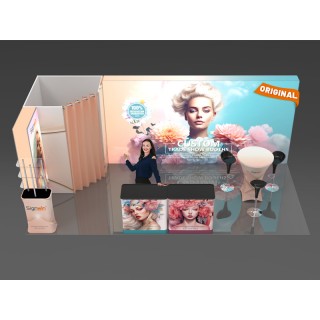 Custom 10x20ft Diamond-Shaped Enclosure & Display Tower & Bar Table & Podium Brilliant Tension Fabric LED Backlit Trade Show Booth Kit 21