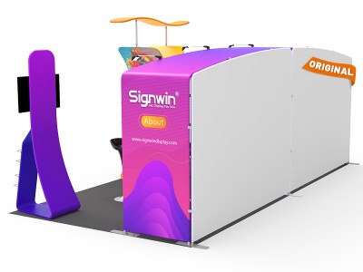 Custom 10x20ft N-Shaped Archy Banner & Angled Top Backwall & X-Shaped Display & Highboy Cocktail Tables & TV iPad Literature Banner Stand Trade Show Booth Y