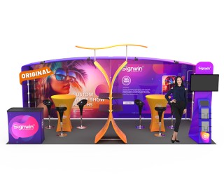 Custom 10x20ft N-Shaped Archy Banner & Angled Top Backwall & X-Shaped Display & Highboy Cocktail Tables & TV iPad Literature Banner Stand Trade Show Booth Y