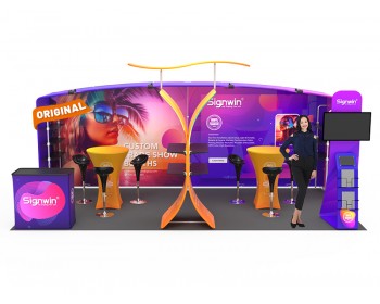 Custom 10x20ft N-Shaped Archy Banner & Angled Top Backwall & X-Shaped Display & Highboy Cocktail Tables & TV iPad Literature Banner Stand Trade Show Booth Y