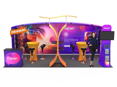 Custom 10x20ft N-Shaped Archy Banner & Angled Top Backwall & X-Shaped Display & Highboy Cocktail Tables & TV iPad Literature Banner Stand Trade Show Booth Y