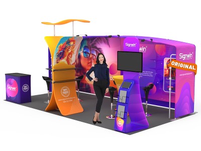 Custom 10x20ft N-Shaped Archy Banner & Angled Top Backwall & X-Shaped Display & Highboy Cocktail Tables & TV iPad Literature Banner Stand Trade Show Booth Y