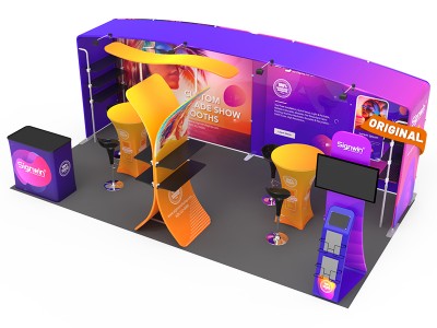 Custom 10x20ft N-Shaped Archy Banner & Angled Top Backwall & X-Shaped Display & Highboy Cocktail Tables & TV iPad Literature Banner Stand Trade Show Booth Y