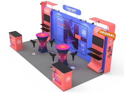 Custom 10x20ft 7-Shaped Archy Banner Stands & Monitor Banner Stands & Highboy Bar Cocktail Tables Trade Show Booth Z