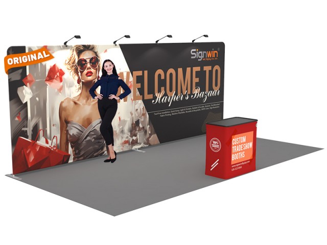 Custom 10x20ft Standard Flat Backwall & Case to Podium Tension Fabric Trade Show Display Booth Kit 01