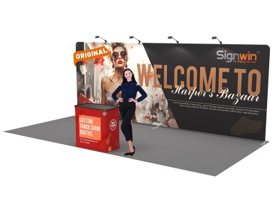 Custom 10x20ft Standard Flat Backwall & Case to Podium Tension Fabric Trade Show Display Booth Kit 01