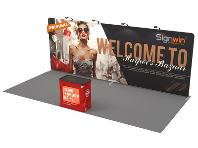 Custom 10x20ft Standard Flat Backwall & Case to Podium Tension Fabric Trade Show Display Booth Kit 01