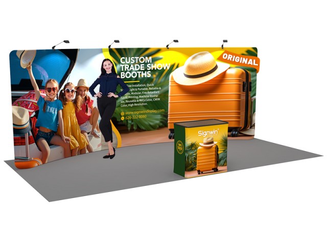 Custom 10x20ft Standard Curved Backwall & Case to Podium Tension Fabric Trade Show Display Booth Kit 02