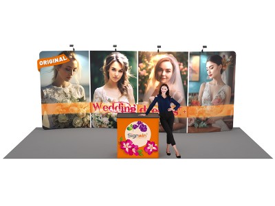 Custom 10x20ft Standard S-Shaped Elegant Backwall & Case to Podium Tension Fabric Trade Show Display Booth Kit 03