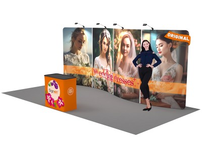 Custom 10x20ft Standard S-Shaped Elegant Backwall & Case to Podium Tension Fabric Trade Show Display Booth Kit 03