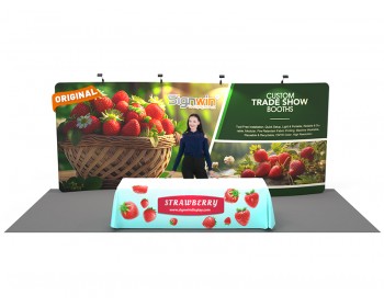 Custom 10x20ft Standard S-Shaped Elegant Backwall & 8ft Printed Loose Table Throw Tension Fabric Trade Show Display Booth Kit 07