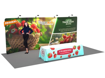 Custom 10x20ft Standard S-Shaped Elegant Backwall & 8ft Printed Loose Table Throw Tension Fabric Trade Show Display Booth Kit 07