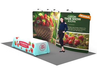 Custom 10x20ft Standard S-Shaped Elegant Backwall & 8ft Printed Loose Table Throw Tension Fabric Trade Show Display Booth Kit 07