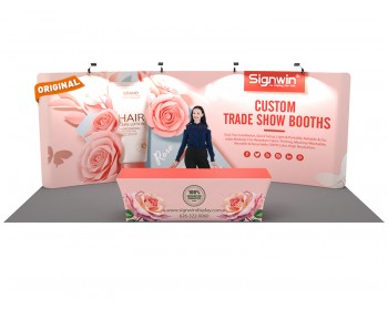 Custom 10x20ft Standard Curved Backwall & 8ft Printed Stretch Fit Back-Zippered Table Throw Pop Up Trade Show Display Booth Kit 10