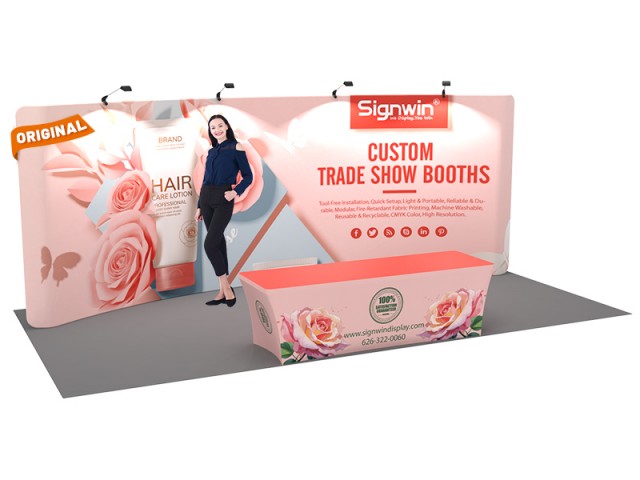 Custom 10x20ft Standard Curved Backwall & 8ft Printed Stretch Fit Back-Zippered Table Throw Pop Up Trade Show Display Booth Kit 10