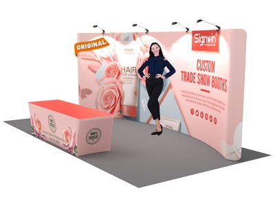 Custom 10x20ft Standard Curved Backwall & 8ft Printed Stretch Fit Back-Zippered Table Throw Pop Up Trade Show Display Booth Kit 10