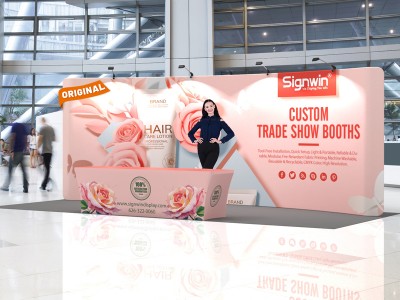 Custom 10x20ft Standard Curved Backwall & 8ft Printed Stretch Fit Back-Zippered Table Throw Pop Up Trade Show Display Booth Kit 10