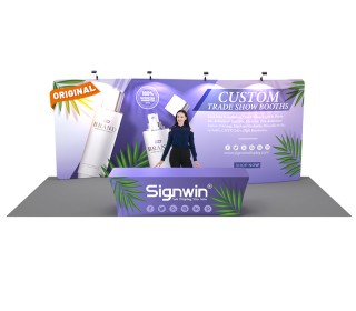 Custom 10x20ft Standard S-Shaped Elegant Backwall & 8ft Printed Stretch Fit Back-Zippered Table Tension Fabric Trade Show Display Booth Kit 11