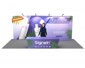 Custom 10x20ft Standard S-Shaped Elegant Backwall & 8ft Printed Stretch Fit Back-Zippered Table Tension Fabric Trade Show Display Booth Kit 11