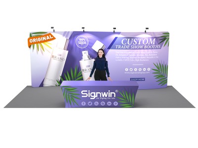 Custom 10x20ft Standard S-Shaped Elegant Backwall & 8ft Printed Stretch Fit Back-Zippered Table Tension Fabric Trade Show Display Booth Kit 11