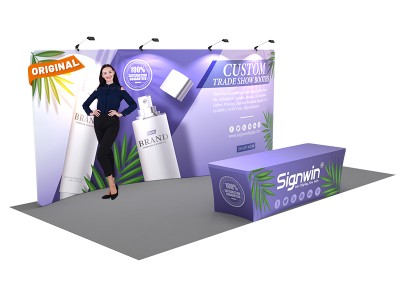 Custom 10x20ft Standard S-Shaped Elegant Backwall & 8ft Printed Stretch Fit Back-Zippered Table Tension Fabric Trade Show Display Booth Kit 11