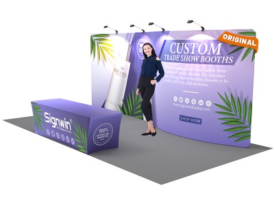 Custom 10x20ft Standard S-Shaped Elegant Backwall & 8ft Printed Stretch Fit Back-Zippered Table Tension Fabric Trade Show Display Booth Kit 11