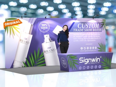 Custom 10x20ft Standard S-Shaped Elegant Backwall & 8ft Printed Stretch Fit Back-Zippered Table Tension Fabric Trade Show Display Booth Kit 11