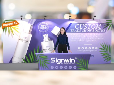 Custom 10x20ft Standard S-Shaped Elegant Backwall & 8ft Printed Stretch Fit Back-Zippered Table Tension Fabric Trade Show Display Booth Kit 11