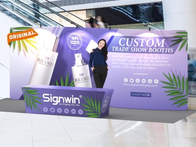 Custom 10x20ft Standard S-Shaped Elegant Backwall & 8ft Printed Stretch Fit Back-Zippered Table Tension Fabric Trade Show Display Booth Kit 11