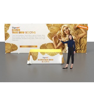 Custom 10x20ft Standard Modular Easystem SEG Backwall & 6ft Full Color Loose Table Throw Clear Logo Printed SEG Trade Show Display Booth Kit 01