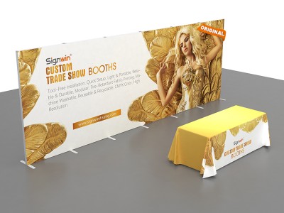 Custom 10x20ft Standard Modular Easystem SEG Backwall & 6ft Full Color Loose Table Throw Clear Logo Printed SEG Trade Show Display Booth Kit 01