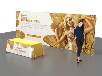 Custom 10x20ft Standard Modular Easystem SEG Backwall & 6ft Full Color Loose Table Throw Clear Logo Printed SEG Trade Show Display Booth Kit 01