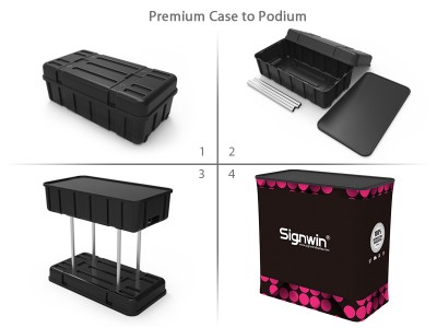 Custom 10x20ft Standard Modular Easystem SEG Backwall & Curved Top Stand & Arm Shelves & Podium SEG Trade Show Booth Kit 04