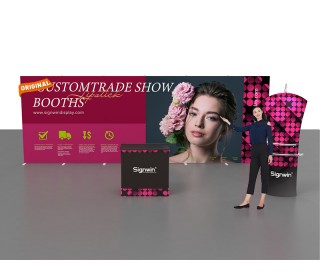 Custom 10x20ft Standard Modular Easystem SEG Backwall & Curved Top Stand & Arm Shelves & Podium SEG Trade Show Booth Kit 04