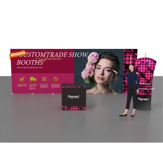 Custom 10x20ft Standard Modular Easystem SEG Backwall & Curved Top Stand & Arm Shelves & Podium SEG Trade Show Booth Kit 04