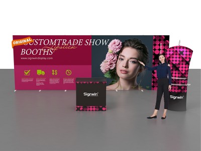 Custom 10x20ft Standard Modular Easystem SEG Backwall & Curved Top Stand & Arm Shelves & Podium SEG Trade Show Booth Kit 04