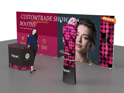 Custom 10x20ft Standard Modular Easystem SEG Backwall & Curved Top Stand & Arm Shelves & Podium SEG Trade Show Booth Kit 04