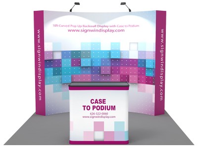 Custom 10ft Curved & Printing Fabric Pop Up Trade Show Booth Backwall Display with Premium Case to Podium (Frame + Graphic)