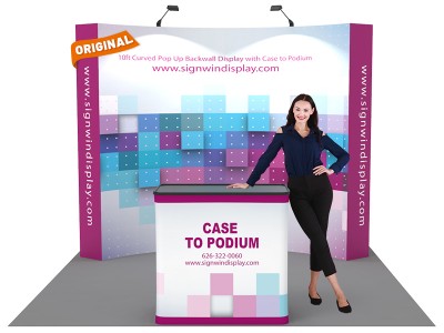 Custom 10ft Curved & Printing Fabric Pop Up Trade Show Booth Backwall Display with Premium Case to Podium