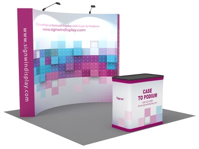 Custom 10ft Curved & Printing Fabric Pop Up Trade Show Booth Backwall Display with Premium Case to Podium (Frame + Graphic)