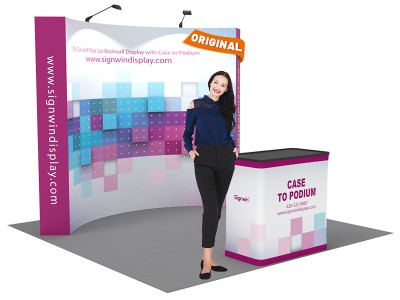 Custom 10ft Curved & Printing Fabric Pop Up Trade Show Booth Backwall Display with Premium Case to Podium